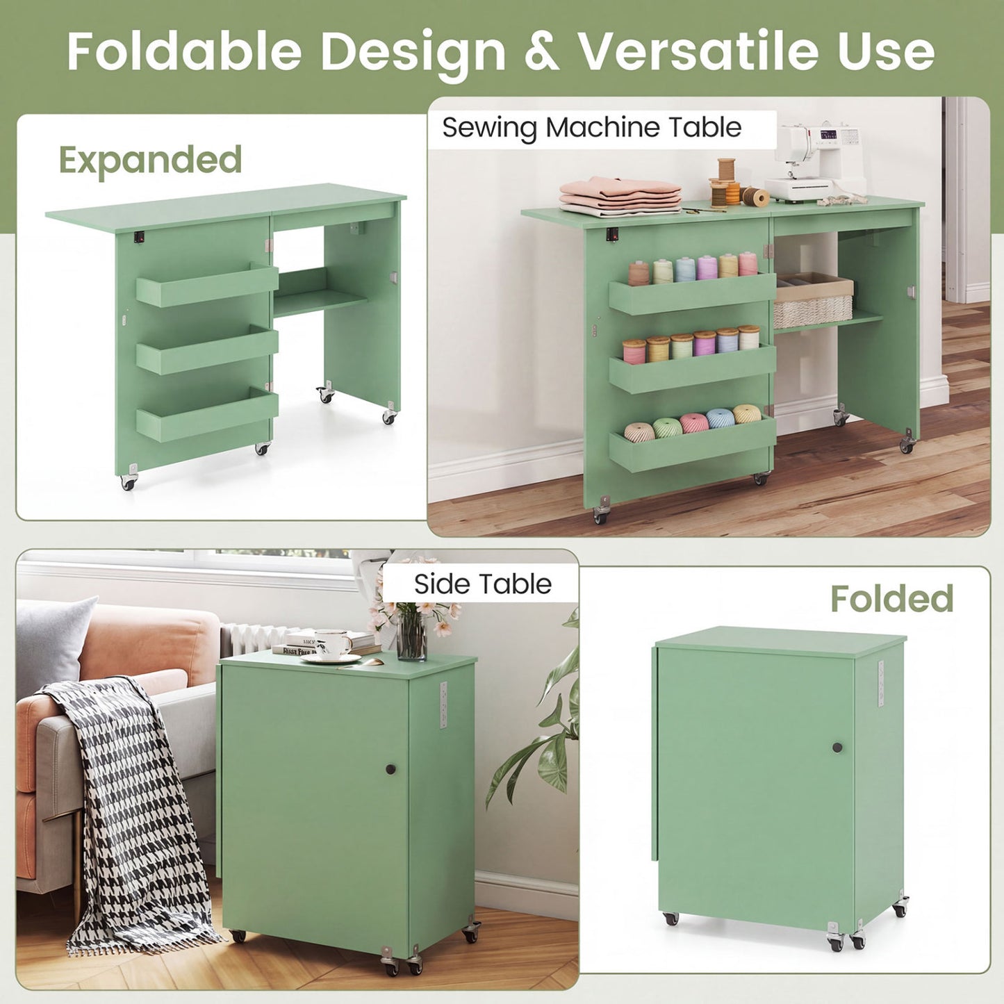 Sewing Machine Table, Charging Station, Lockable Casters, Green Sewing Tables at Gallery Canada