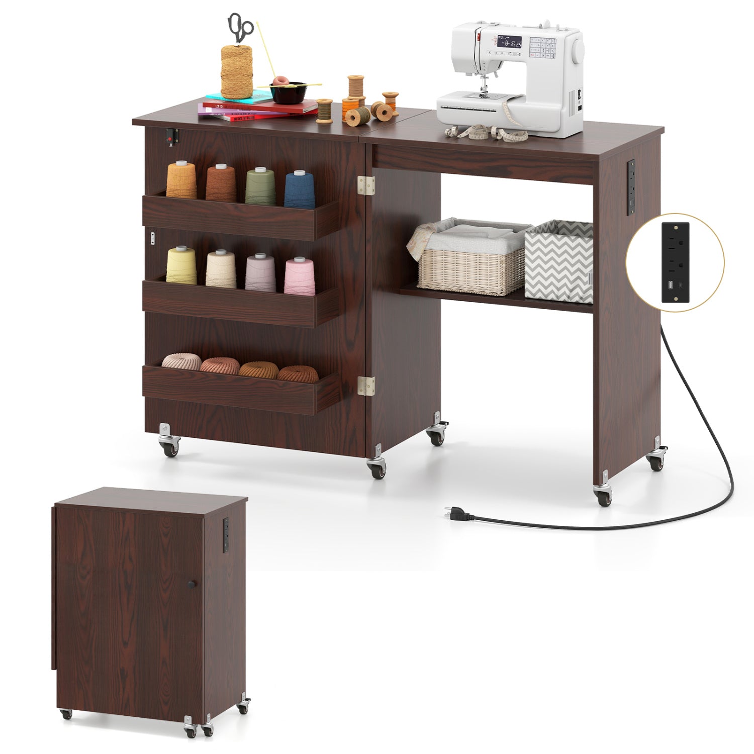 Sewing Machine Table With Charging Station, Lockable Casters, Brown Sewing Tables at Gallery Canada