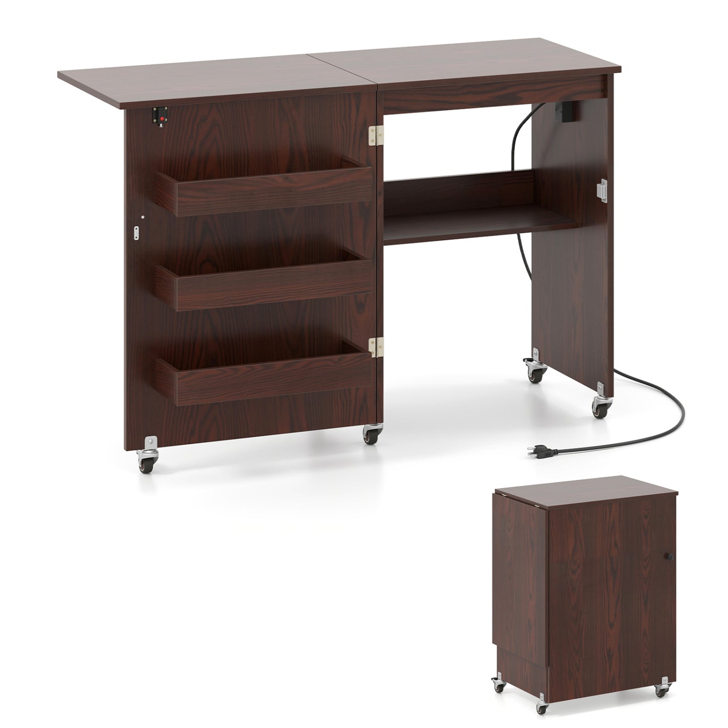 Sewing Machine Table With Charging Station, Lockable Casters, Brown Sewing Tables at Gallery Canada