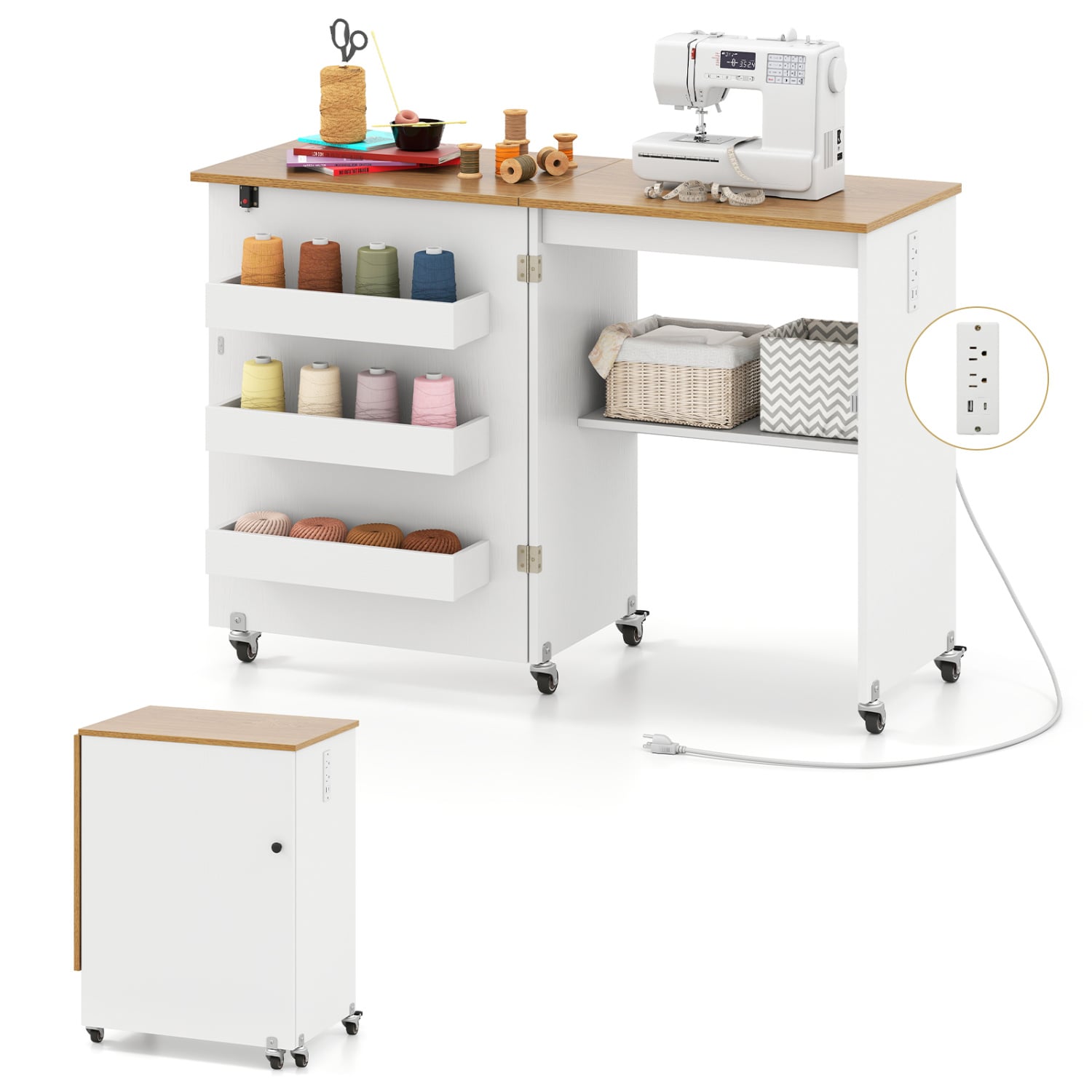 Sewing Machine Table, Charging Station, Lockable Casters, White Sewing Tables at Gallery Canada
