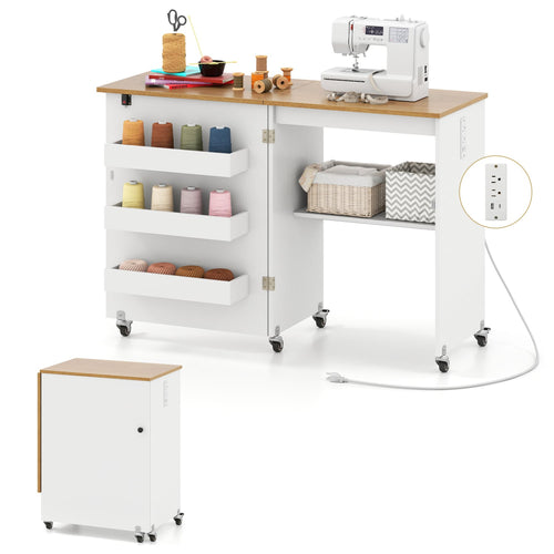 Sewing Machine Table, Charging Station, Lockable Casters, White