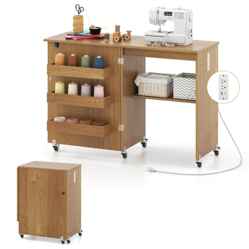 Sewing Machine Table With Charging Station, Lockable Casters, Natural
