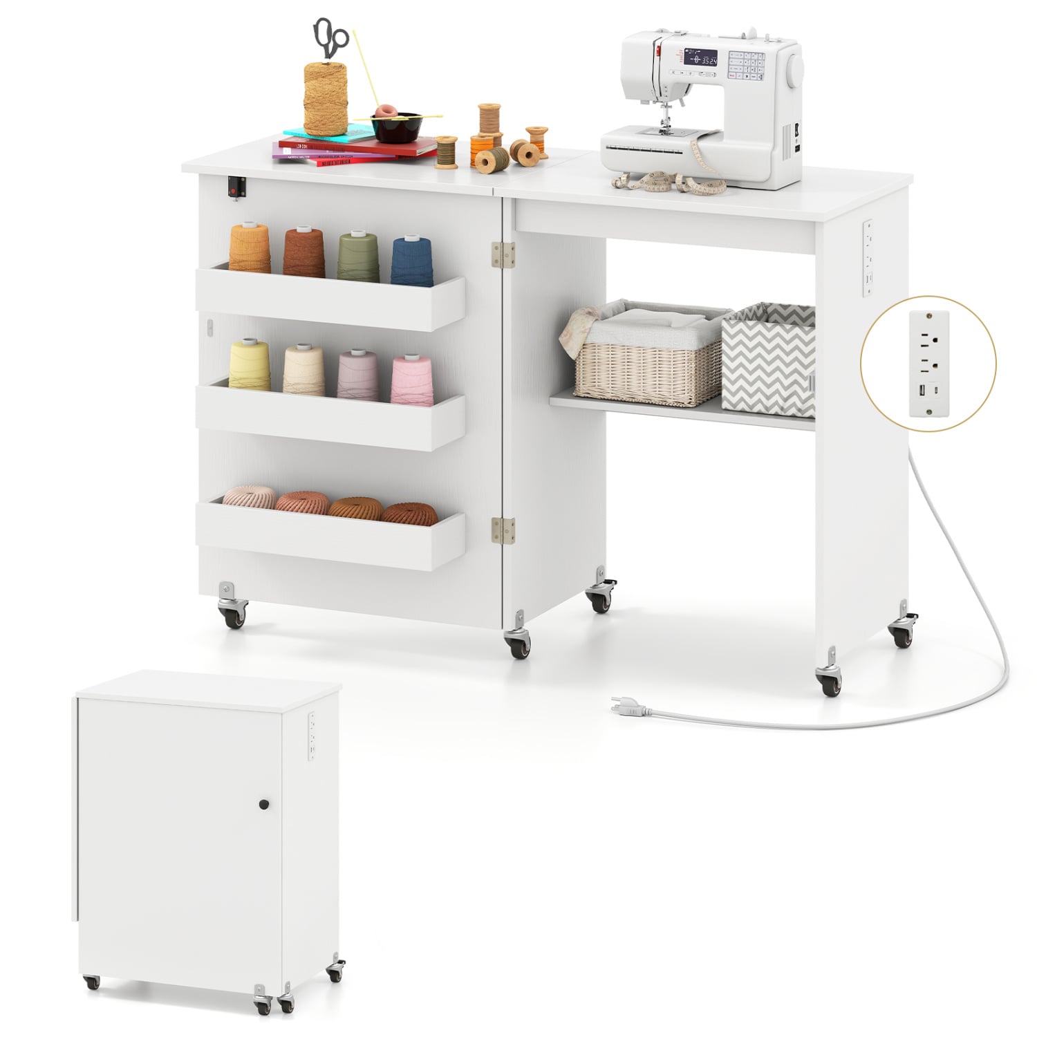 Sewing Machine Table With Charging Station, Lockable Casters, White Sewing Tables at Gallery Canada