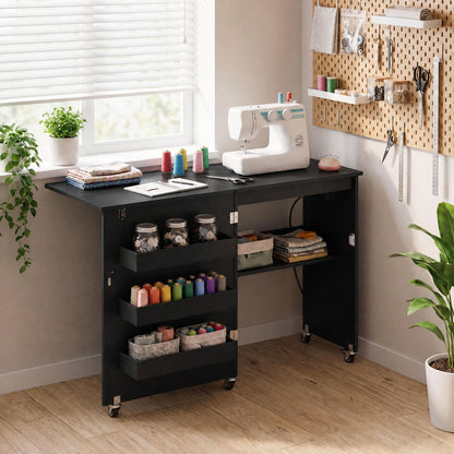 Sewing Machine Table with Charging Station, Lockable Casters, Black
