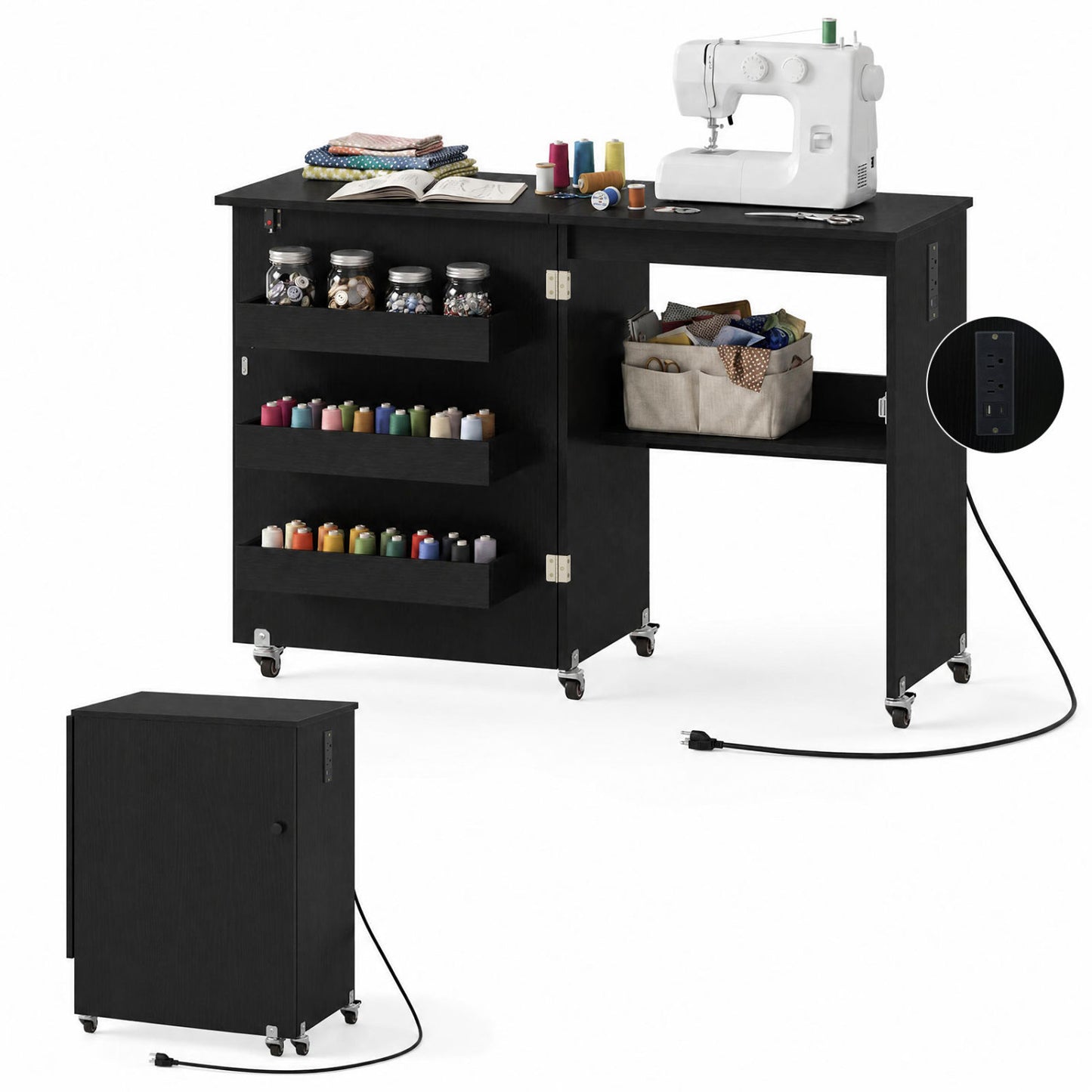 Sewing Machine Table with Charging Station, Lockable Casters, Black