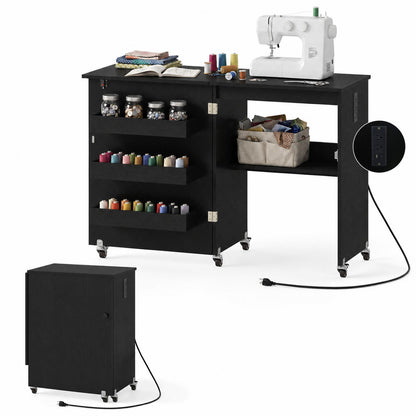 Sewing Machine Table with Charging Station, Lockable Casters, Black