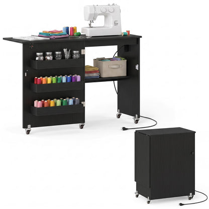 Sewing Machine Table with Charging Station, Lockable Casters, Black