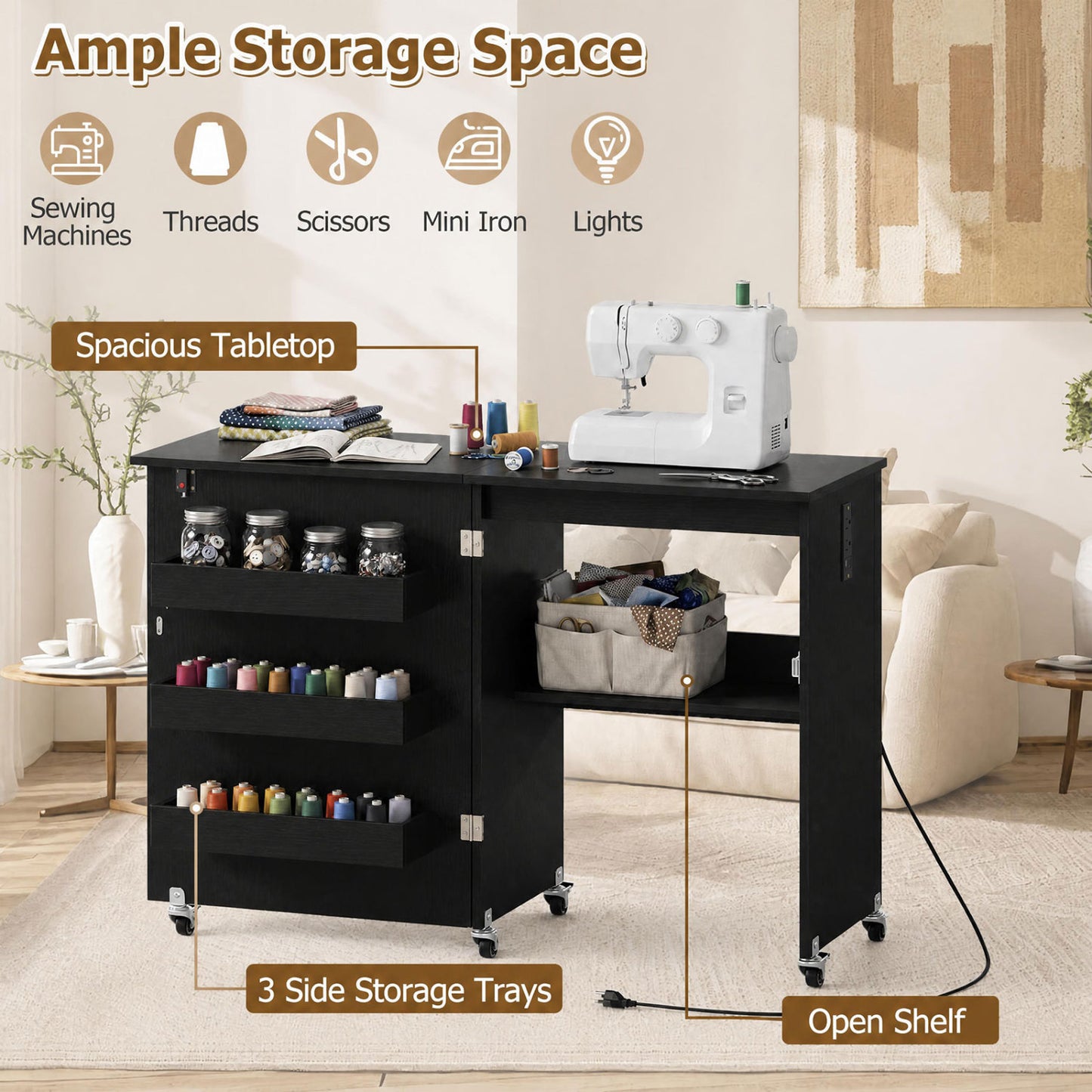 Sewing Machine Table with Charging Station, Lockable Casters, Black