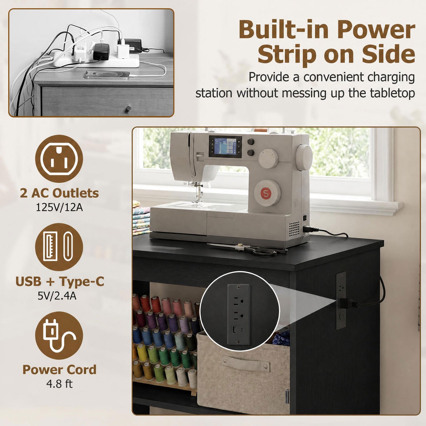 Sewing Machine Table with Charging Station, Lockable Casters, Black