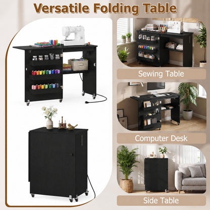 Sewing Machine Table with Charging Station, Lockable Casters, Black