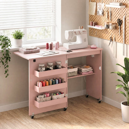 Table de machine à coudre, station de recharge, roulettes verrouillables, rose