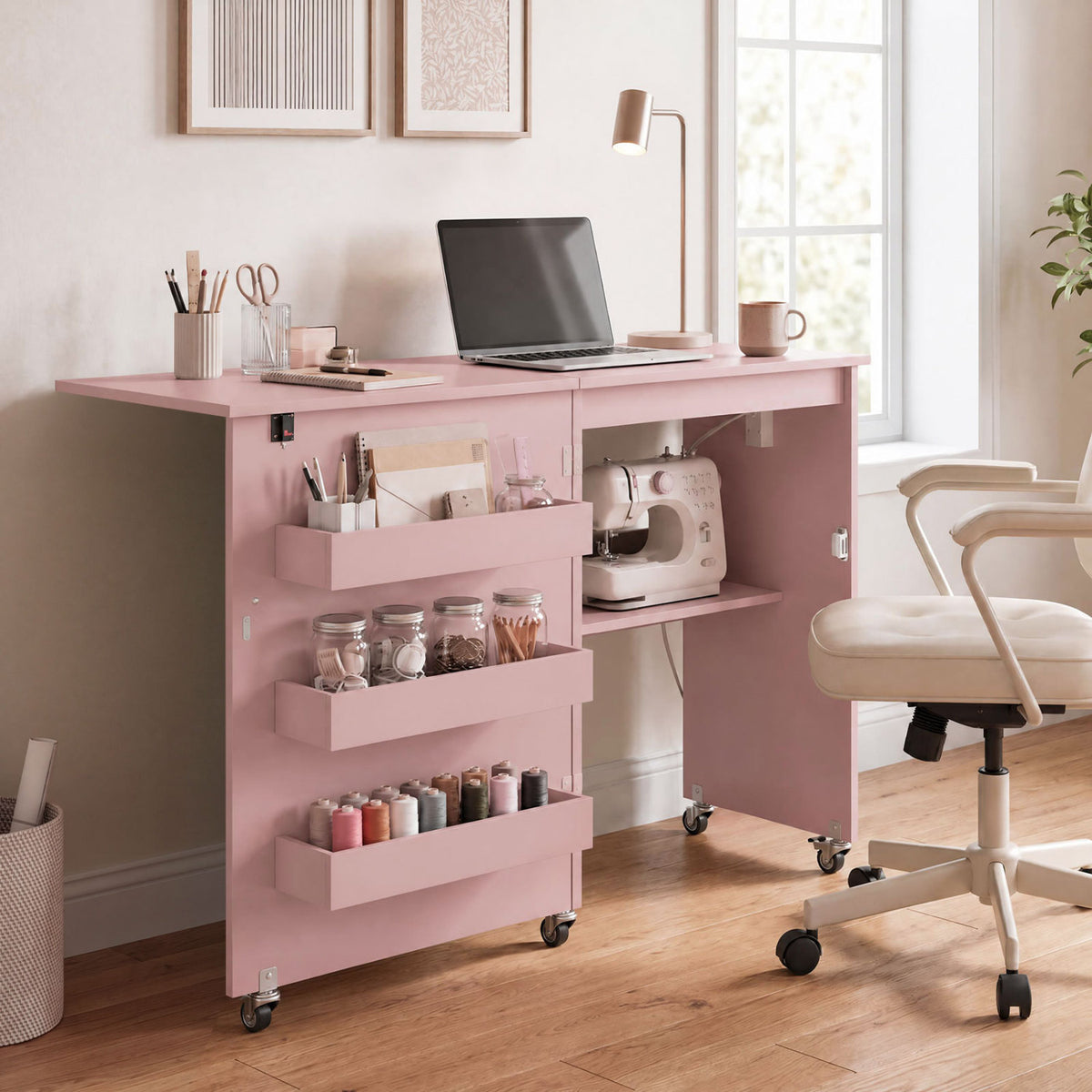 Table de machine à coudre, station de recharge, roulettes verrouillables, rose