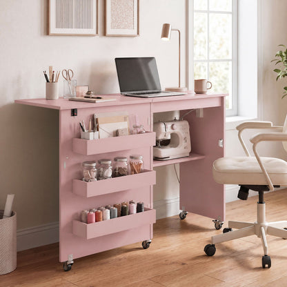 Table de machine à coudre, station de recharge, roulettes verrouillables, rose