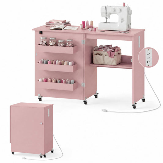 Sewing Machine Table, Charging Station, Lockable Casters, Pink Sewing Tables Pink at Gallery Canada