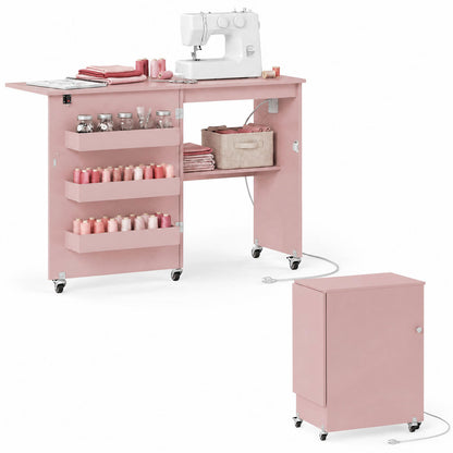 Table de machine à coudre, station de recharge, roulettes verrouillables, rose