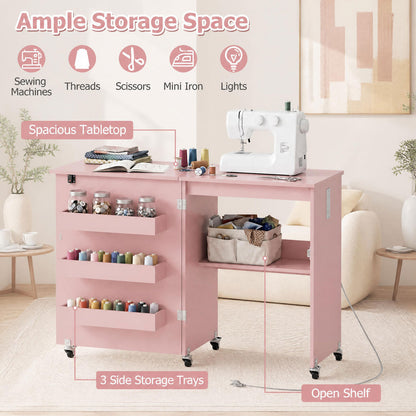 Table de machine à coudre, station de recharge, roulettes verrouillables, rose