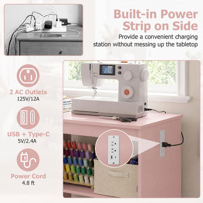 Table de machine à coudre, station de recharge, roulettes verrouillables, rose