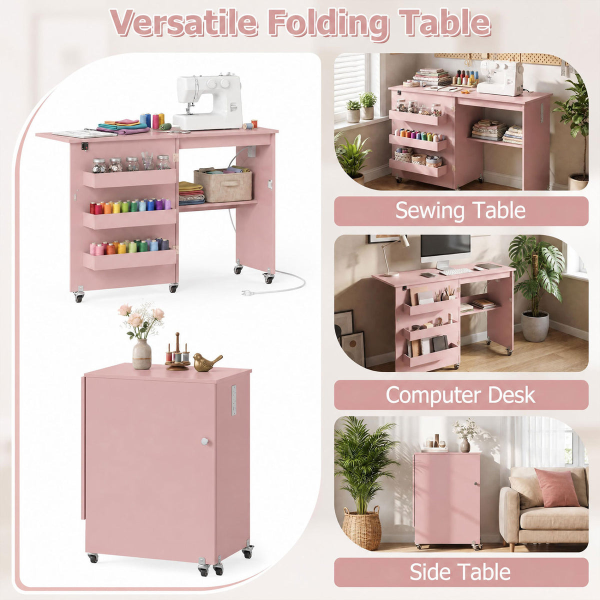 Table de machine à coudre, station de recharge, roulettes verrouillables, rose
