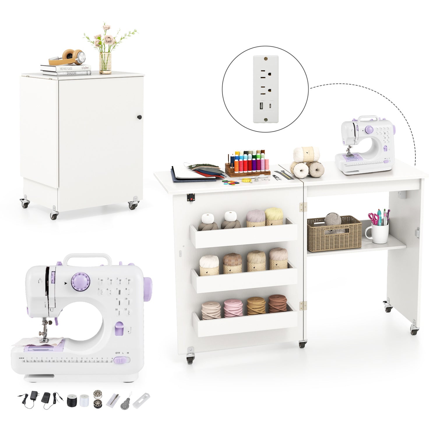 Sewing Machine & Table Set with Charging Station Folding Desk Office Desks White at Gallery Canada