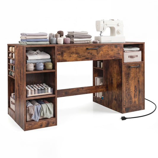Sewing Table with Power Outlets, 2 Drawers, Rustic Brown Sewing Tables Rustic Brown at Gallery Canada