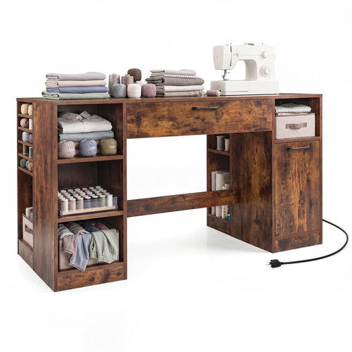 Sewing Table with Power Outlets, 2 Drawers, Rustic Brown