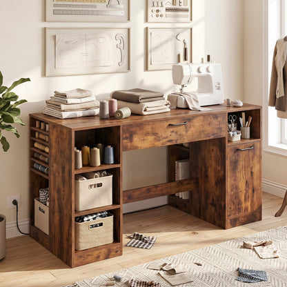 Sewing Table with Power Outlets, 2 Drawers, Rustic Brown