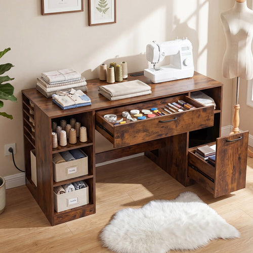 Sewing Table with Power Outlets, 2 Drawers, Rustic Brown