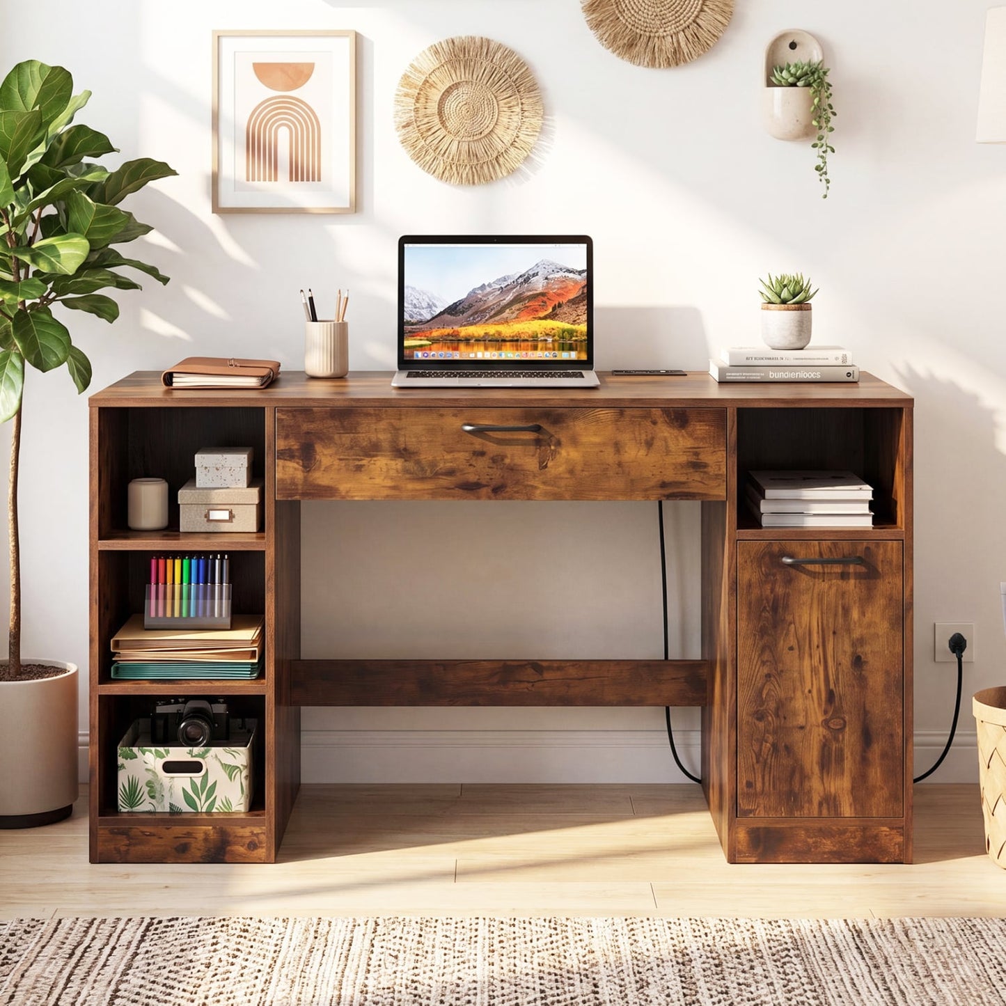 Sewing Table with Power Outlets, 2 Drawers, Rustic Brown