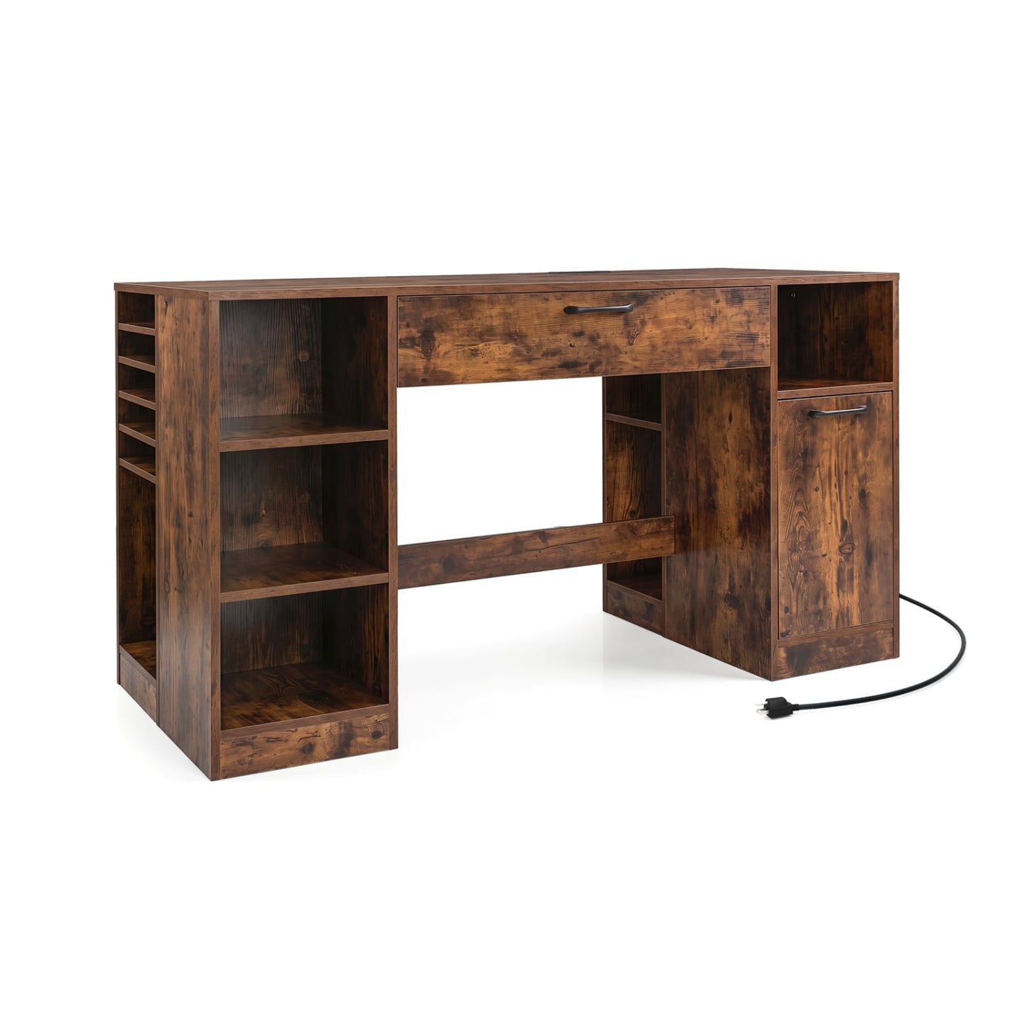 Sewing Table with Power Outlets, 2 Drawers, Rustic Brown