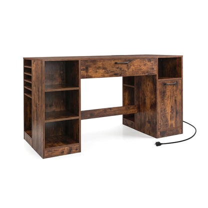 Sewing Table with Power Outlets, 2 Drawers, Rustic Brown