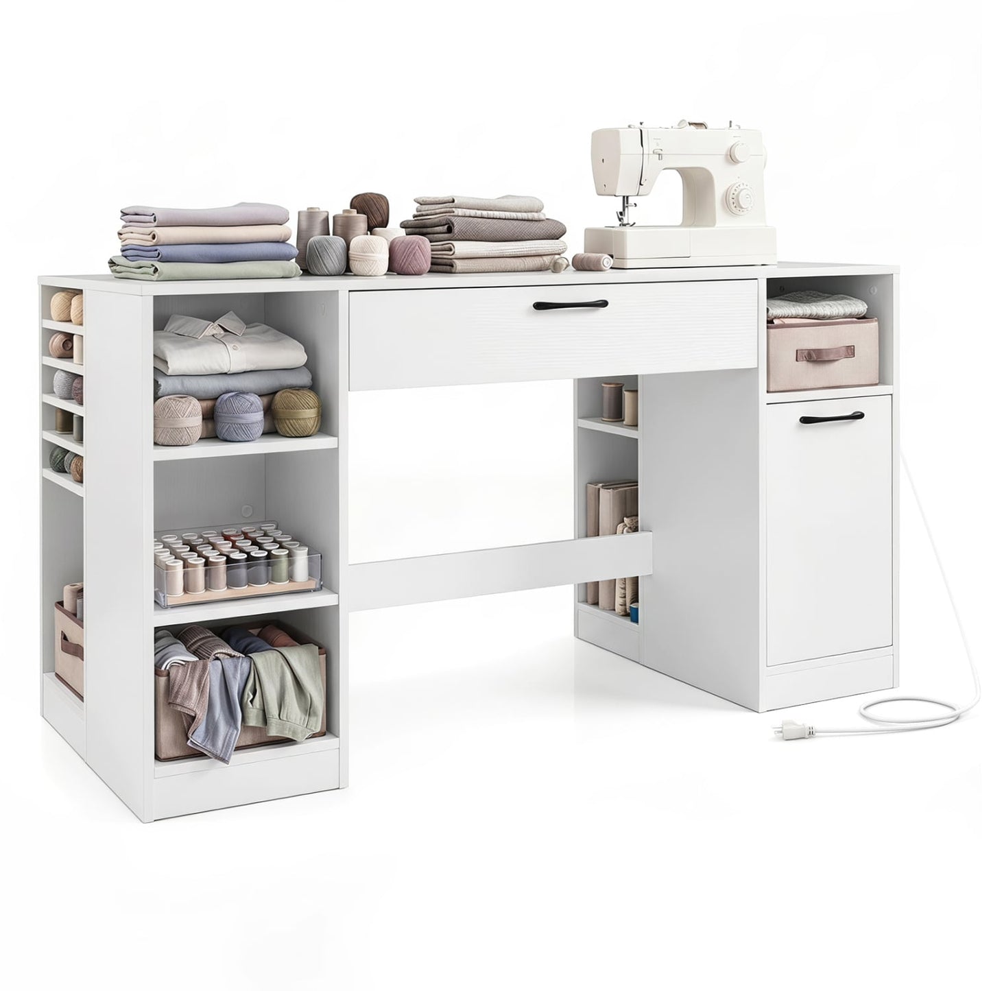 Sewing Table With Power Outlets, Craft Desk, White