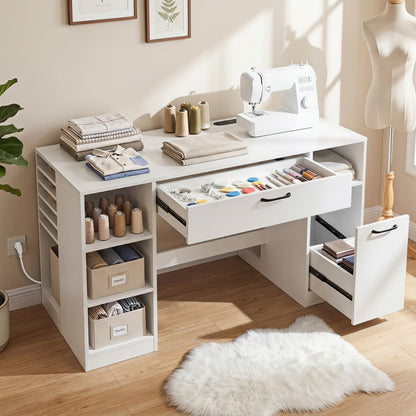 Sewing Table With Power Outlets, Craft Desk, White