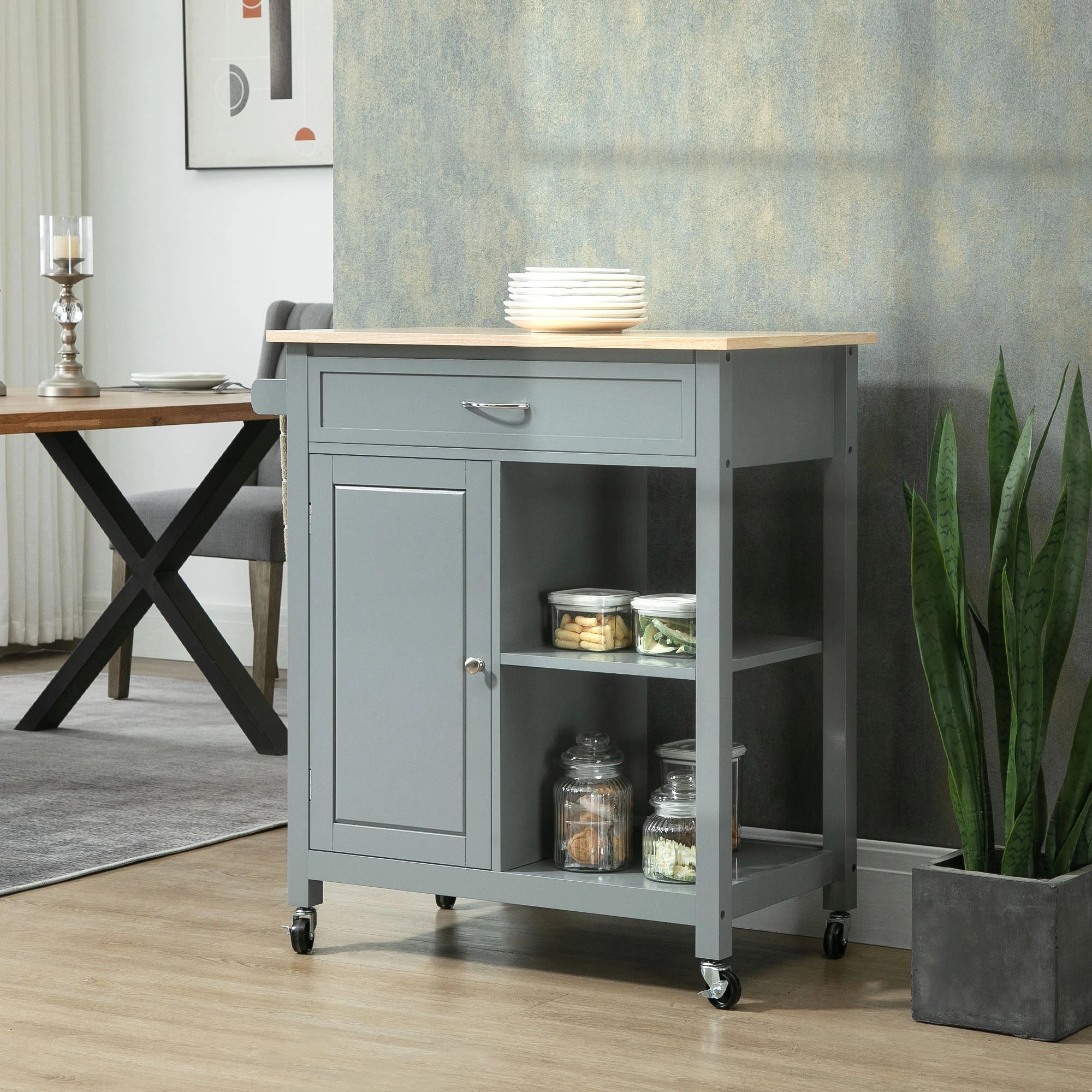 Rolling Kitchen Cart, Wood Top with Drawer, Kitchen Island on Wheels, Grey Kitchen Islands & Kitchen Carts at Gallery Canada