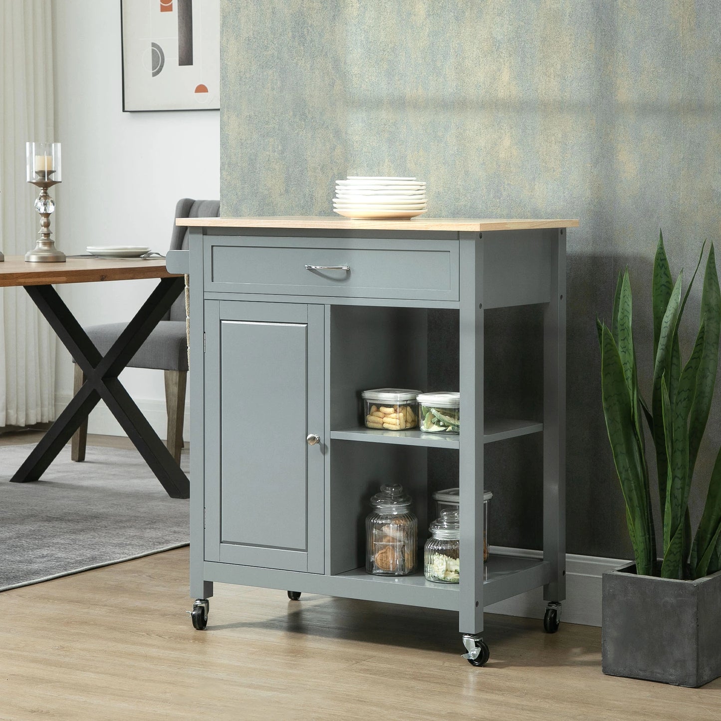 Rolling Kitchen Cart, Wood Top with Drawer, Kitchen Island on Wheels, Grey Kitchen Islands & Kitchen Carts at Gallery Canada