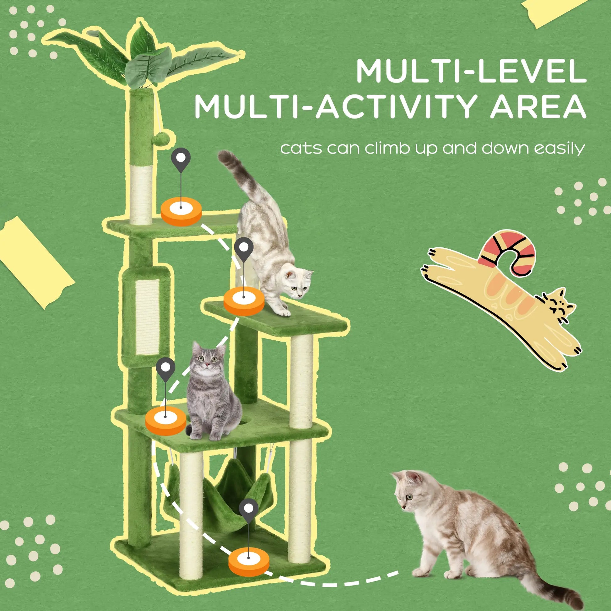 56" Cat Tree for Large Cats, Hammock, Scratching Post, Platforms, Play Ball, Green Cat Towers at Gallery Canada
