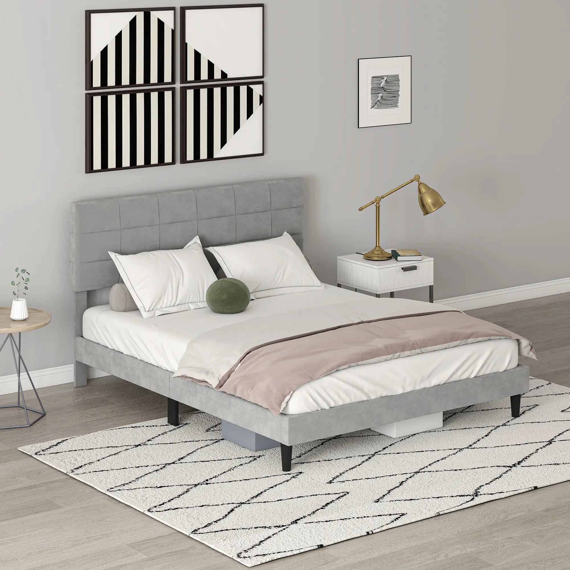 Queen Size Bed Frame, Upholstered Headboard, Wood Slats, 1100 lbs, Grey Bed Frames at Gallery Canada