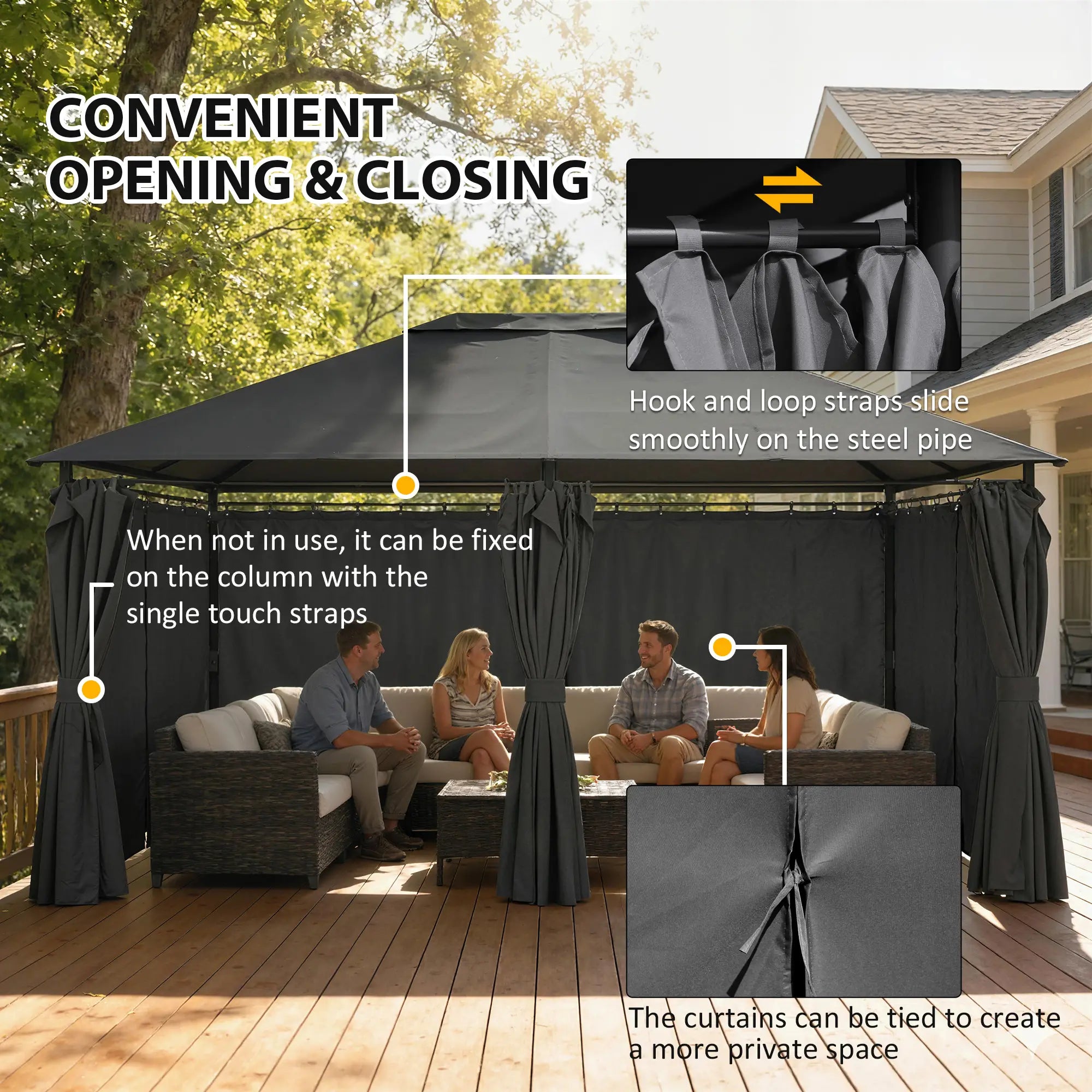 13'x10' Steel Patio Gazebo Canopy, 6 Removable Curtains, Dark Grey Gazebos at Gallery Canada