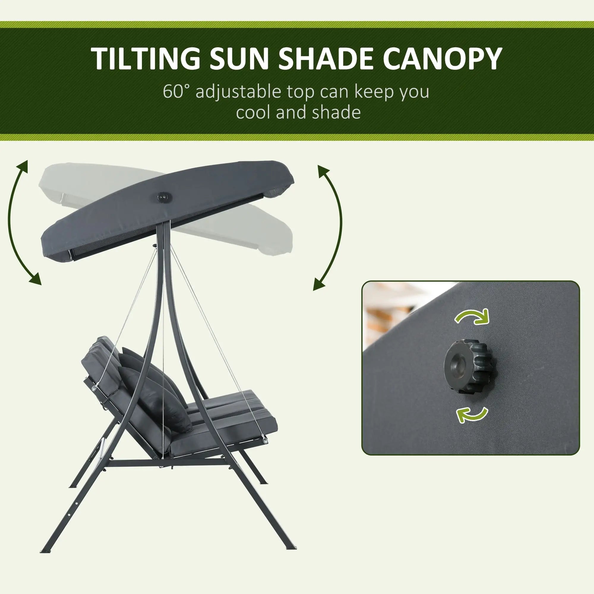 3-Person Patio Swing Chair, Adjustable Canopy, Cushioned Seat, Dark Grey Patio Swings with Stand at Gallery Canada