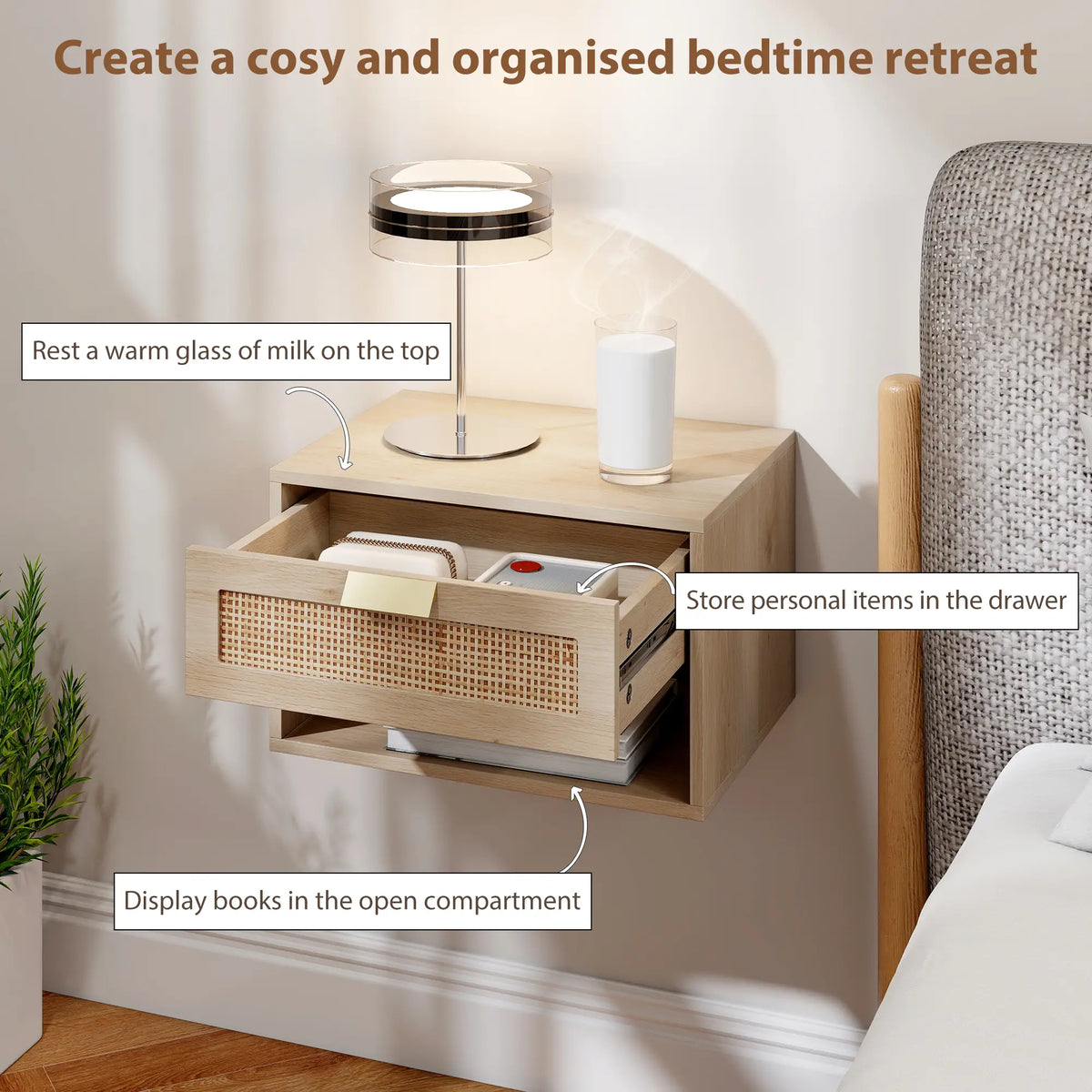 Floating Bedside Table Set, Wall Mount Nightstand With Storage Drawer, Oak Bedside Tables at Gallery Canada