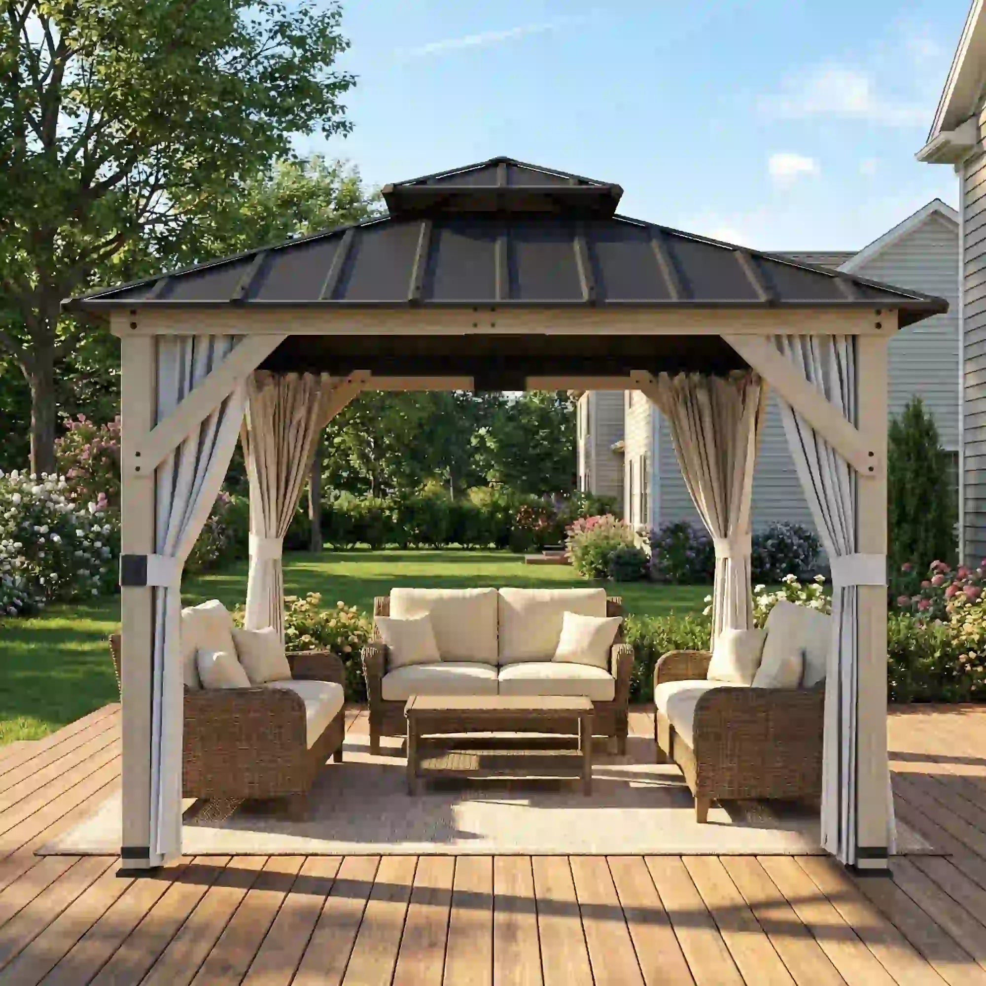 10' x 10' Hardtop Gazebo, Steel Roof, Wood Patio, Light Grey Gazebos at Gallery Canada