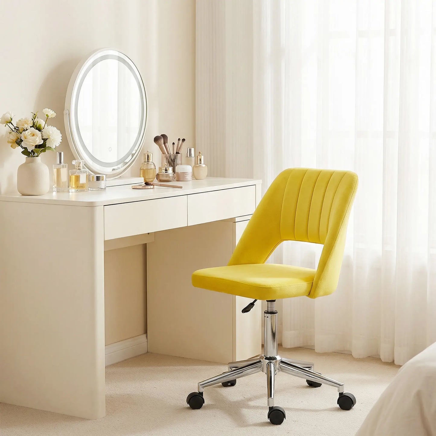 Mid Back Office Chair, Velvet Fabric, Swivel Scallop Shape, Yellow Office Chairs at Gallery Canada