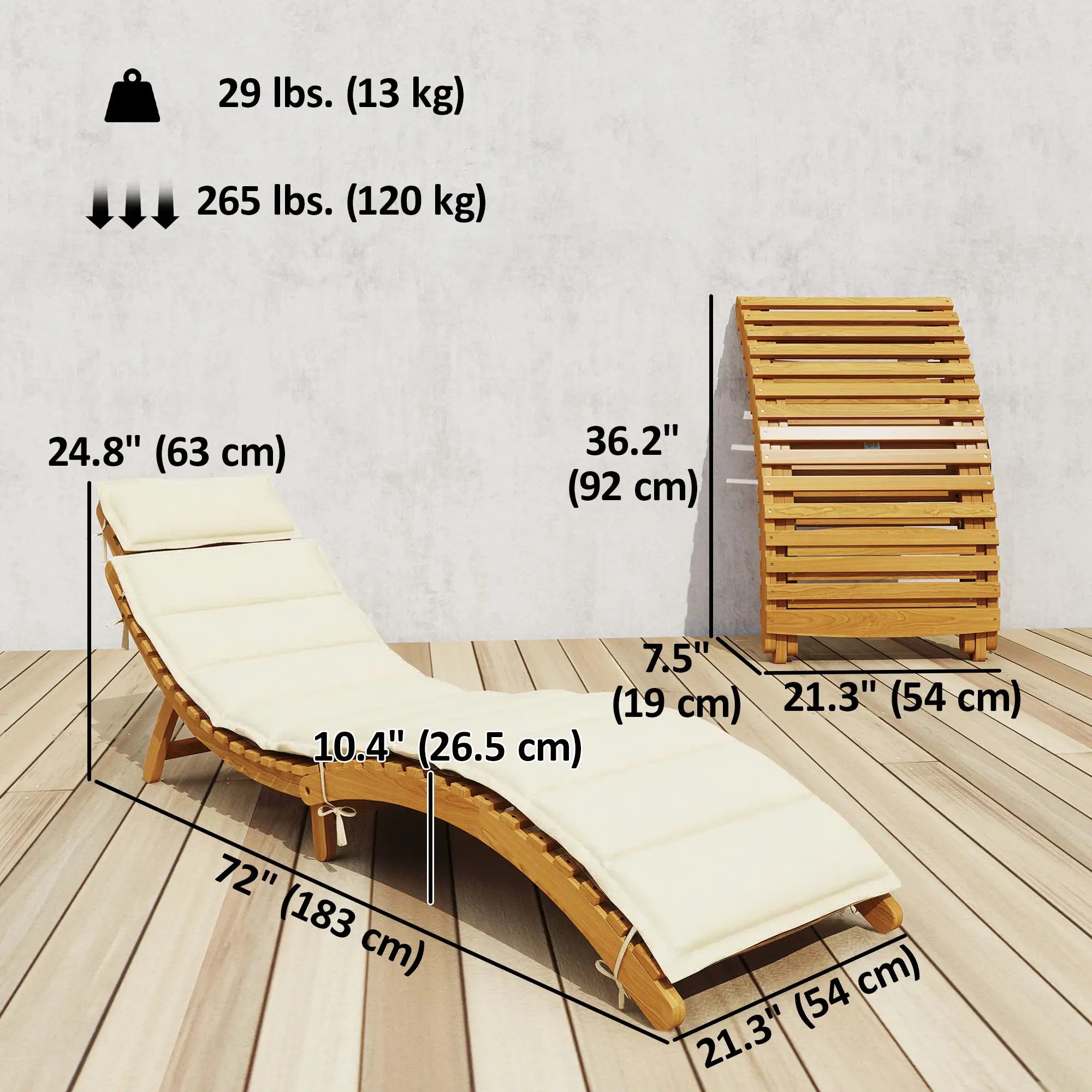 Folding Chaise Lounge Chair, Acacia Wood, Tanning, Cream White Lounger Chairs at Gallery Canada