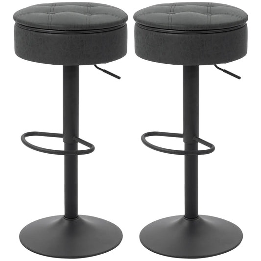 Set of 2 Barstools with Storage, Swivel, PU Leather, Footrest, Steel Base, Black Bar Stools Black at Gallery Canada