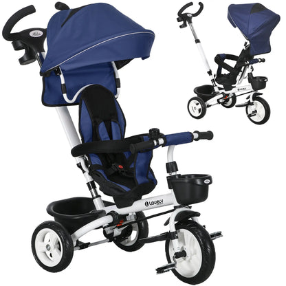 6 in 1 Toddler Tricycle, Parent Push Handle, Canopy, Storage Baskets, Dark Blue Tricycles for Kids at Gallery Canada