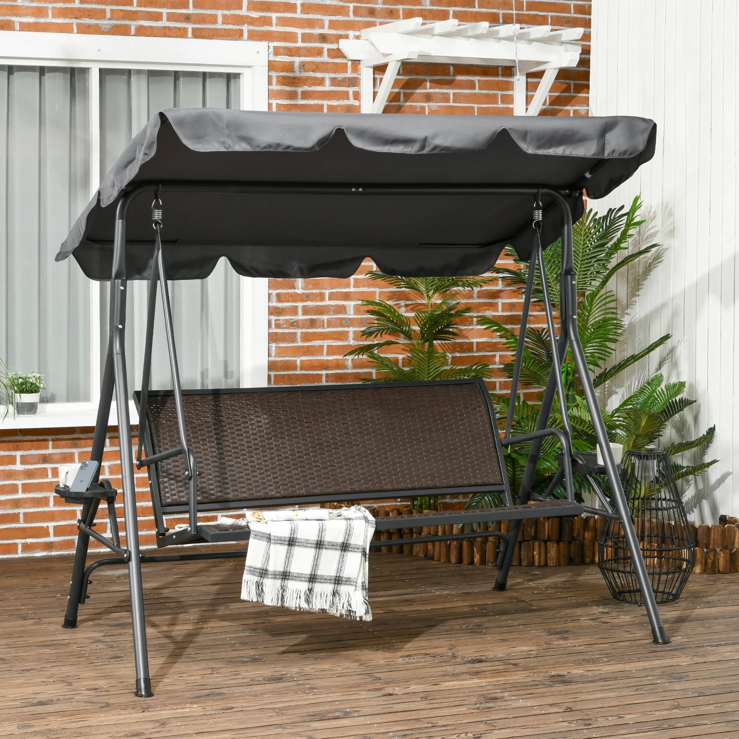 3-Seat Patio Swing Chair, Outdoor Canopy Glider, Rattan Seat, Steel Frame, Dark Grey Porch Swings with Canopy at Gallery Canada