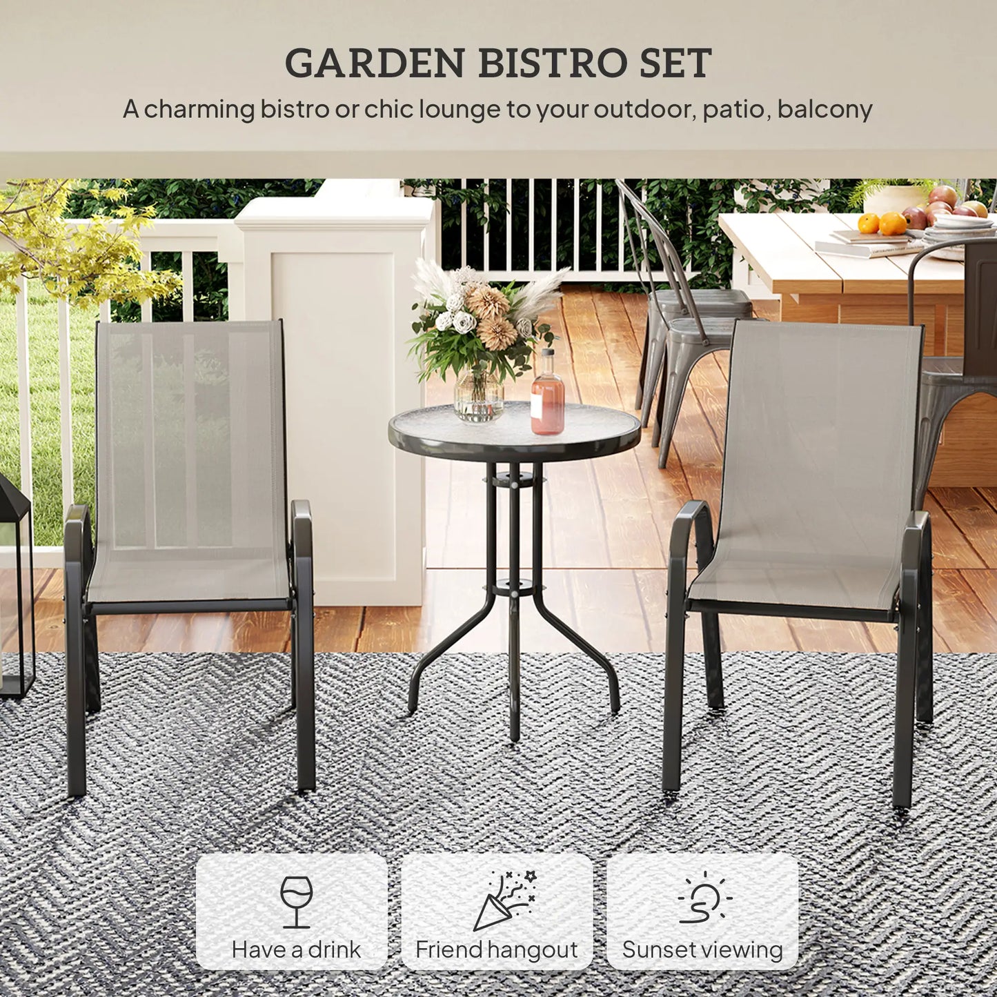 3 Piece Bistro Set, Small Patio Furniture, Stackable Mesh Chairs, Glass Table, Light Grey Bistro Sets at Gallery Canada