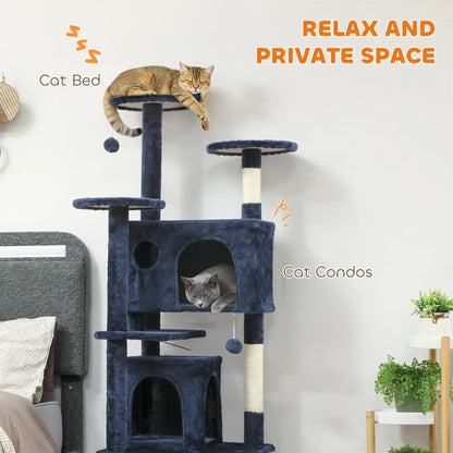 63" Cat Tree, Multi-Level Tower, Scratching Posts, Condos, Bed, Dark Blue