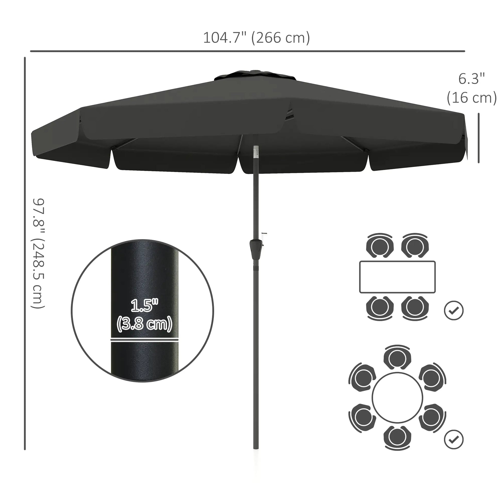 8.5 ft Round Patio Umbrella, Tilt and Crank, Black Sun Umbrellas at Gallery Canada