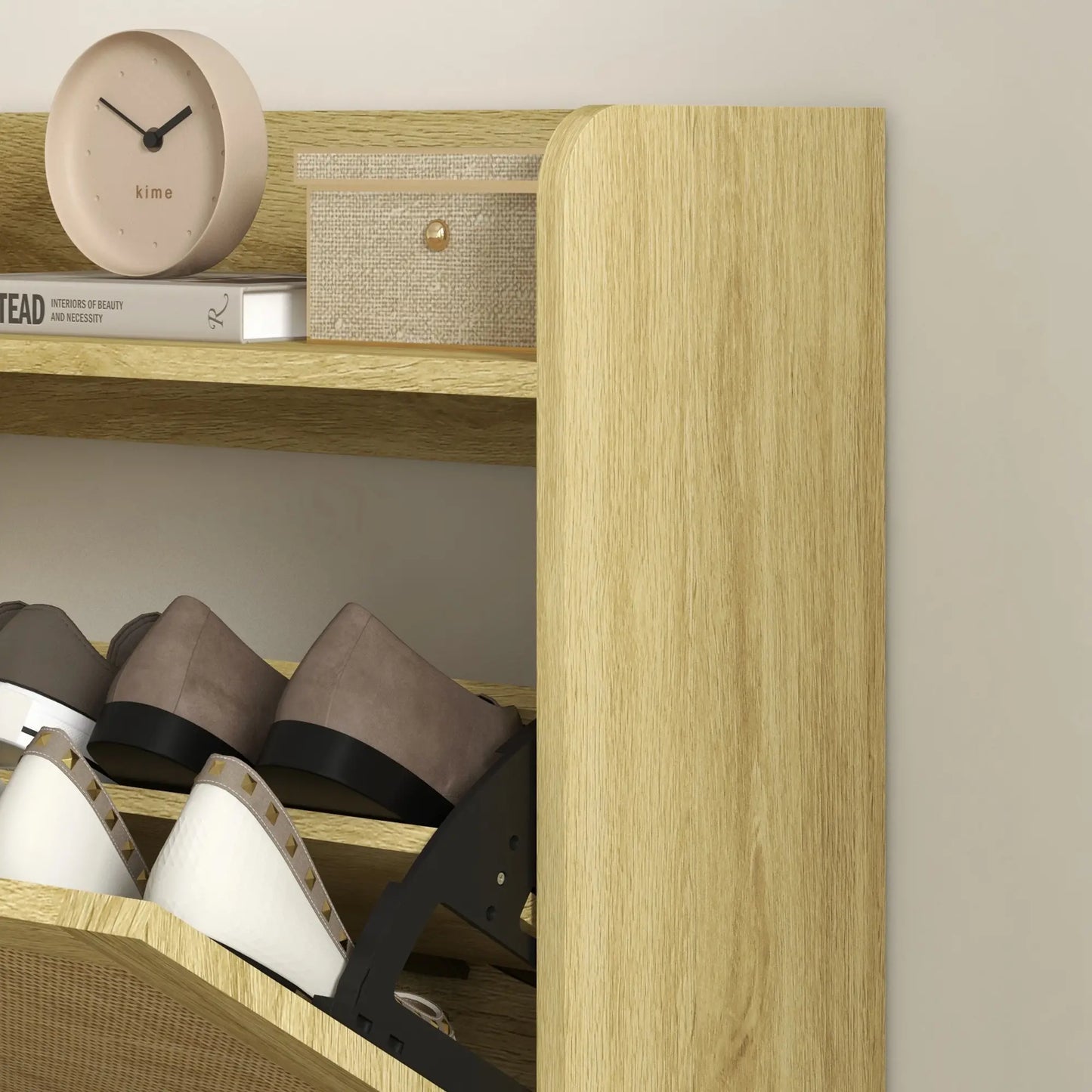 Slim Shoe Storage, 2 Flip Drawers, Adjustable Shelves, 12 Pair, Oak Shoe Storage Cabinets & Racks at Gallery Canada