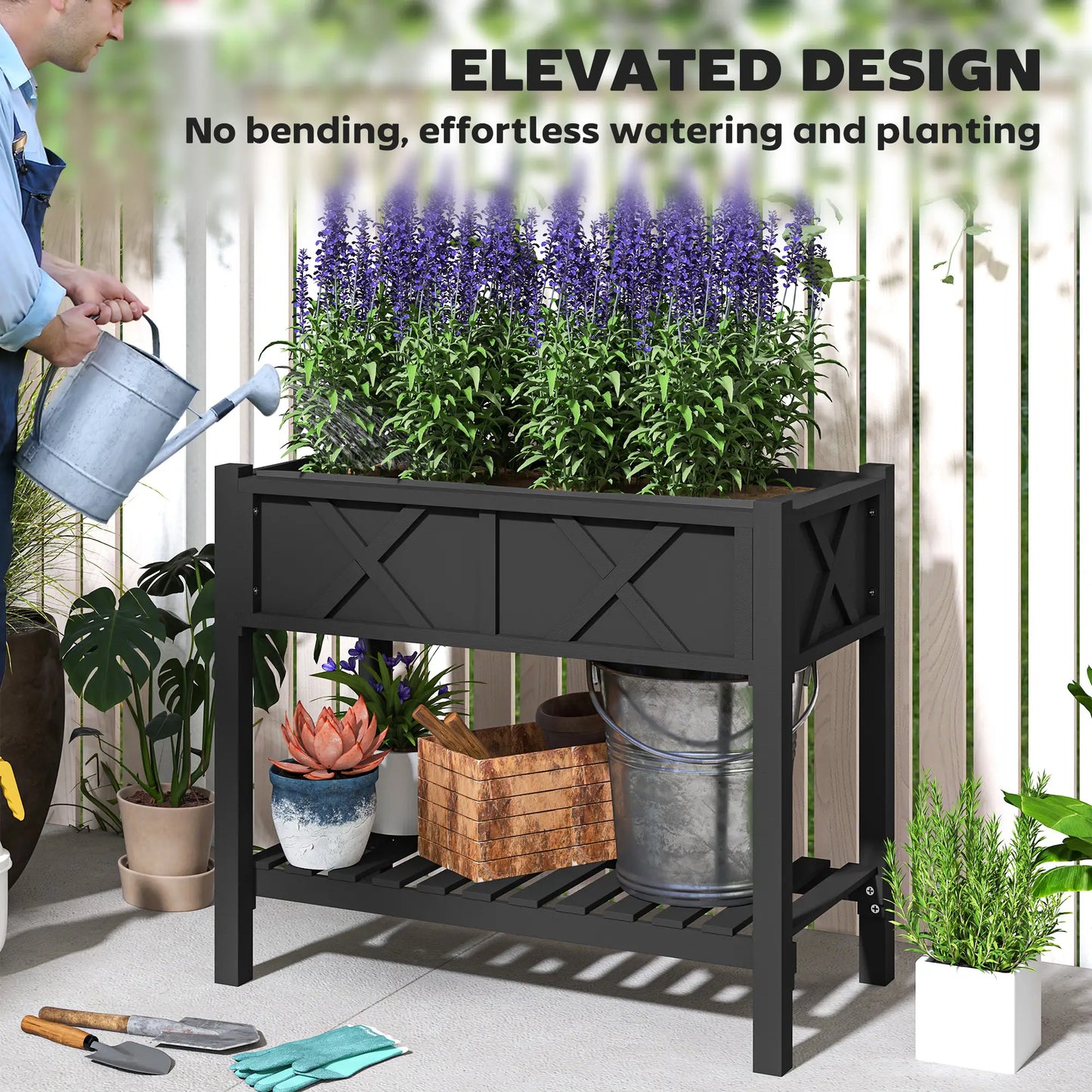 Wooden Raised Garden Bed, Elevated Planter Box, 34" x 18" x 30", Black Raised Garden Beds at Gallery Canada